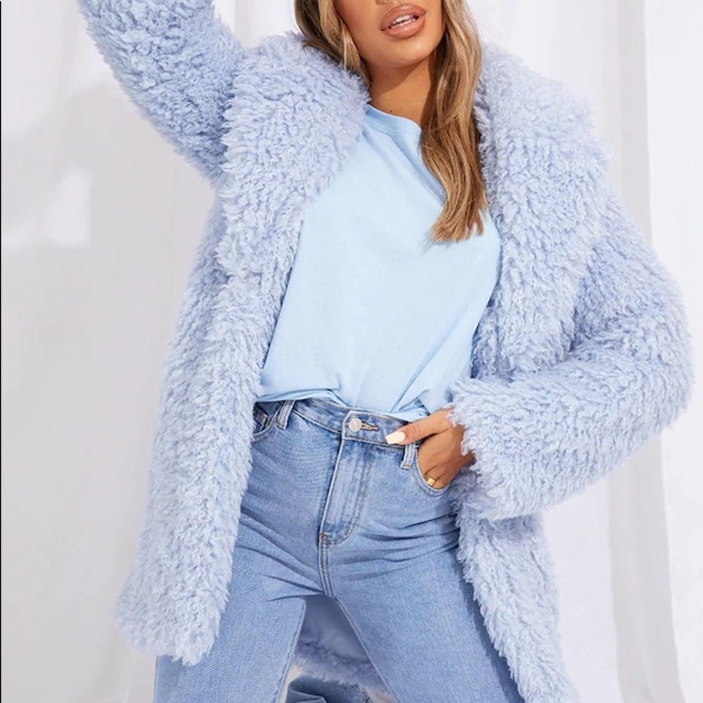 Pretty Little Thing Baby Blue Teddy Faux Fur Coat